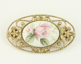 Vintage 1928 Jewelry Co. Porcelain Rose Brooch, 1928 Brand Pink Rose Gold Tone Oval Pin, 1980s Victorian Revival  Brooch, Vintage Jewelry