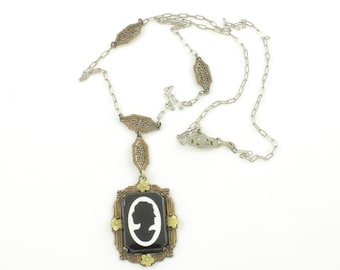 Art Deco Filigree Necklace, Black White Glass Cameo Pendant, Edwardian Lavaliere with Filigree Links, Vintage Jewelry, Estate Jewelry