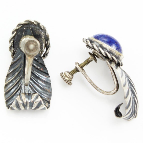 Vintage Coro Sterling Feather Faux Lapis Earrings… - image 4