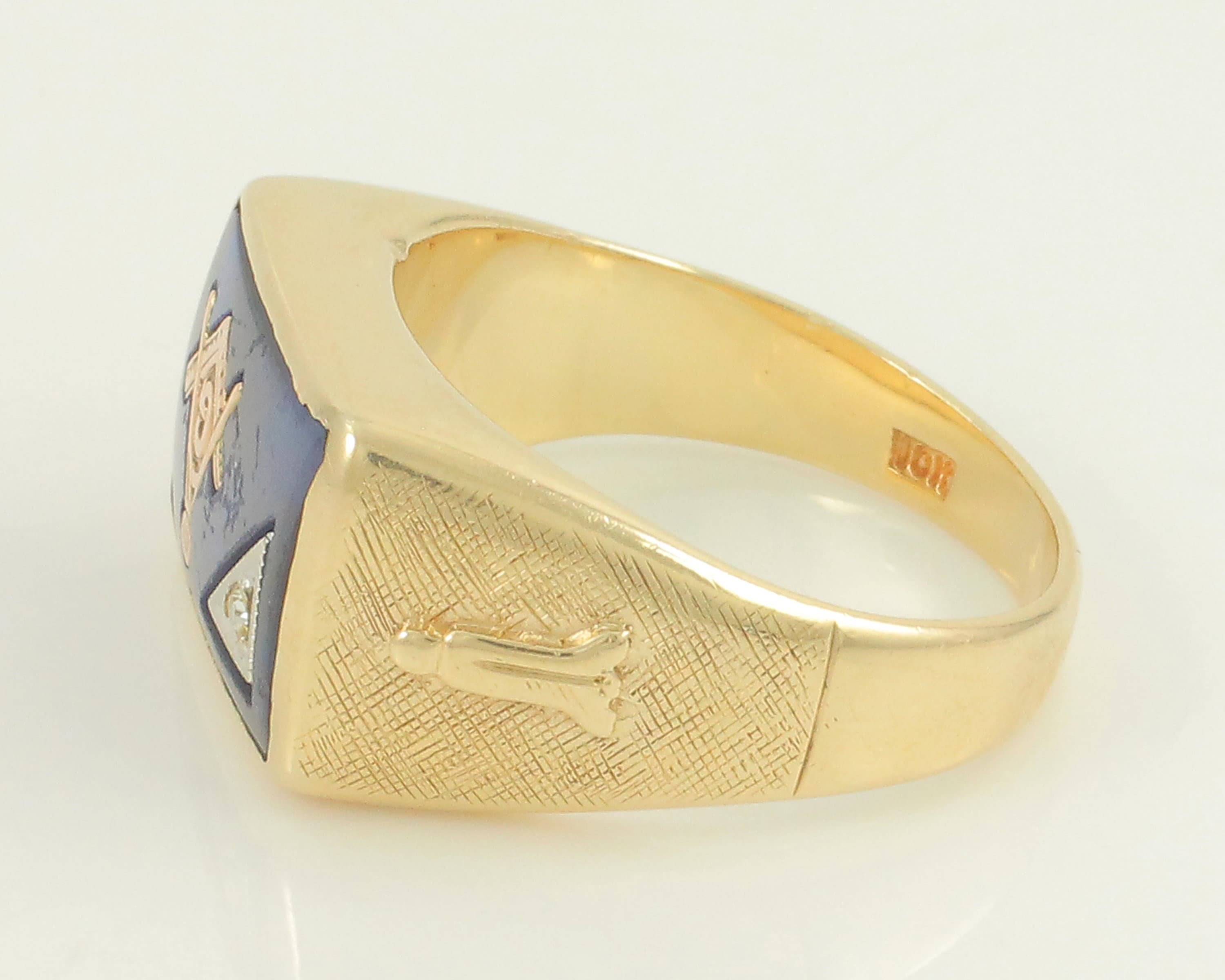 Vintage Blue Lodge Mason Ring, Vintage Mens Masonic 10K Diamond Ring