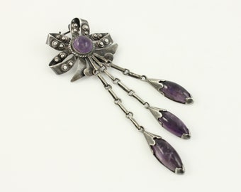 Vintage Mexican 980 Silver Amethyst Bow Dangle Brooch, Early Mexico Sterling Amethyst Pin, Taxco 980 Amethyst Dangle Pin, Vintage Jewelry