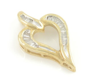 Diamond Heart Pendant, 10K Gold Baguette Channel Set .75 CT Diamond Heart Necklace Pendant, Yellow Gold Modernist Jewelry, Vintage Jewelry