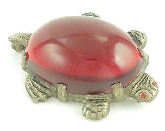 Red Lucite Turtle Jelly Belly Brooch - Cute Colorful Silver Tone Tortoise Novelty Pin - Circa WWII - Vintage Costume Jewelry