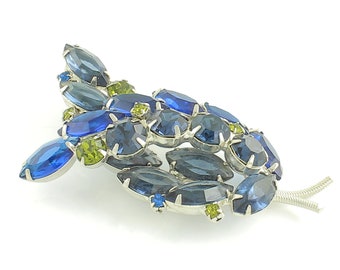 Vintage Juliana DeLizza & Elster Blue Olive Green Rhinestone Brooch - Dimensional Leaves - 2.75 inches circa 1960  - Vintage Jewelry