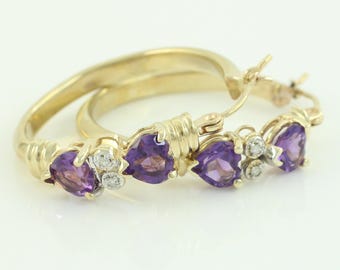 Vintage 10K Amethyst Heart Hoop Earrings, 1990s Amethyst Earrings, 10K Amethyst Hoops, February Birthstone Earrings, Vintage Jewelry