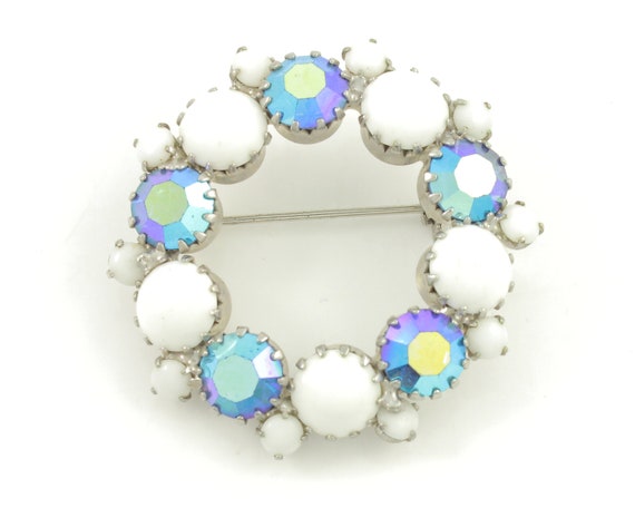 Vintage Blue AB Rhinestone Milk Glass Circle Pin,… - image 1