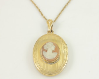 Vintage Gold Filled Cameo Locket Necklace, 1930s Lestage Shell Cameo Gold Filled Locket, Vintage 12K Gold Fill Oval Locket, Vintage Jewelry