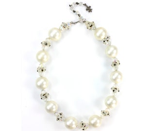 Vintage Vendome Necklace, Vendome White Faux Pearl Necklace AB Crystal Cluster Choker, Vintage Designer Costume Jewelry, Vintage Jewelry