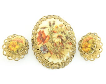 Vintage West German Sugar Glass Floral Brooch Earrings, Vintage Western Germany Flower Pin Earrings, W Germany Brooch, Vintage Jewelry