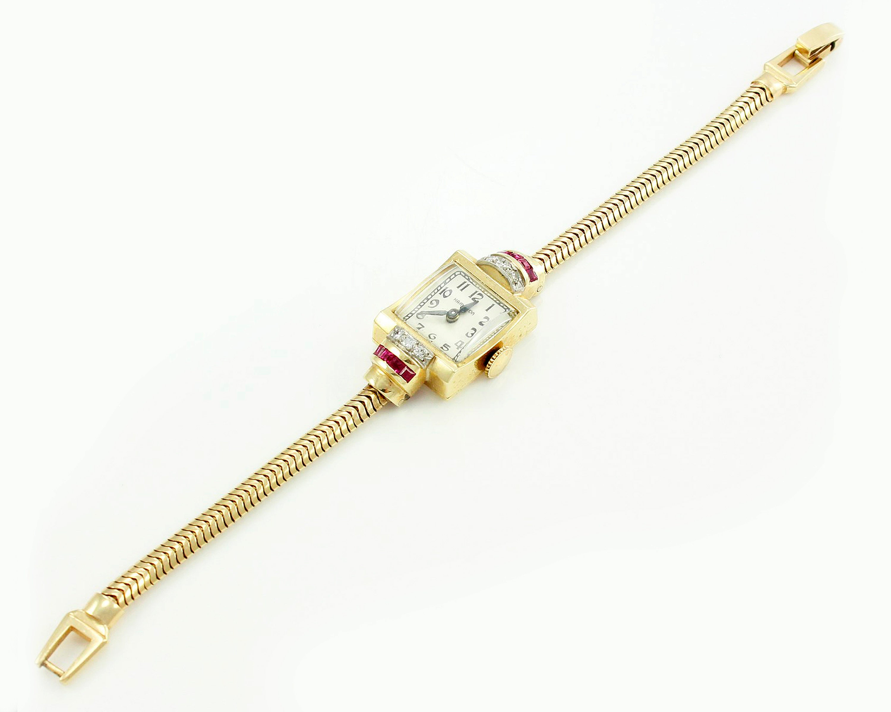Vintage Hamilton Watch 14K Ladies Diamond Created Ruby Yellow Gold Wrist Watch Art Moderne Jewelry 17 Jewels Running Apex Case