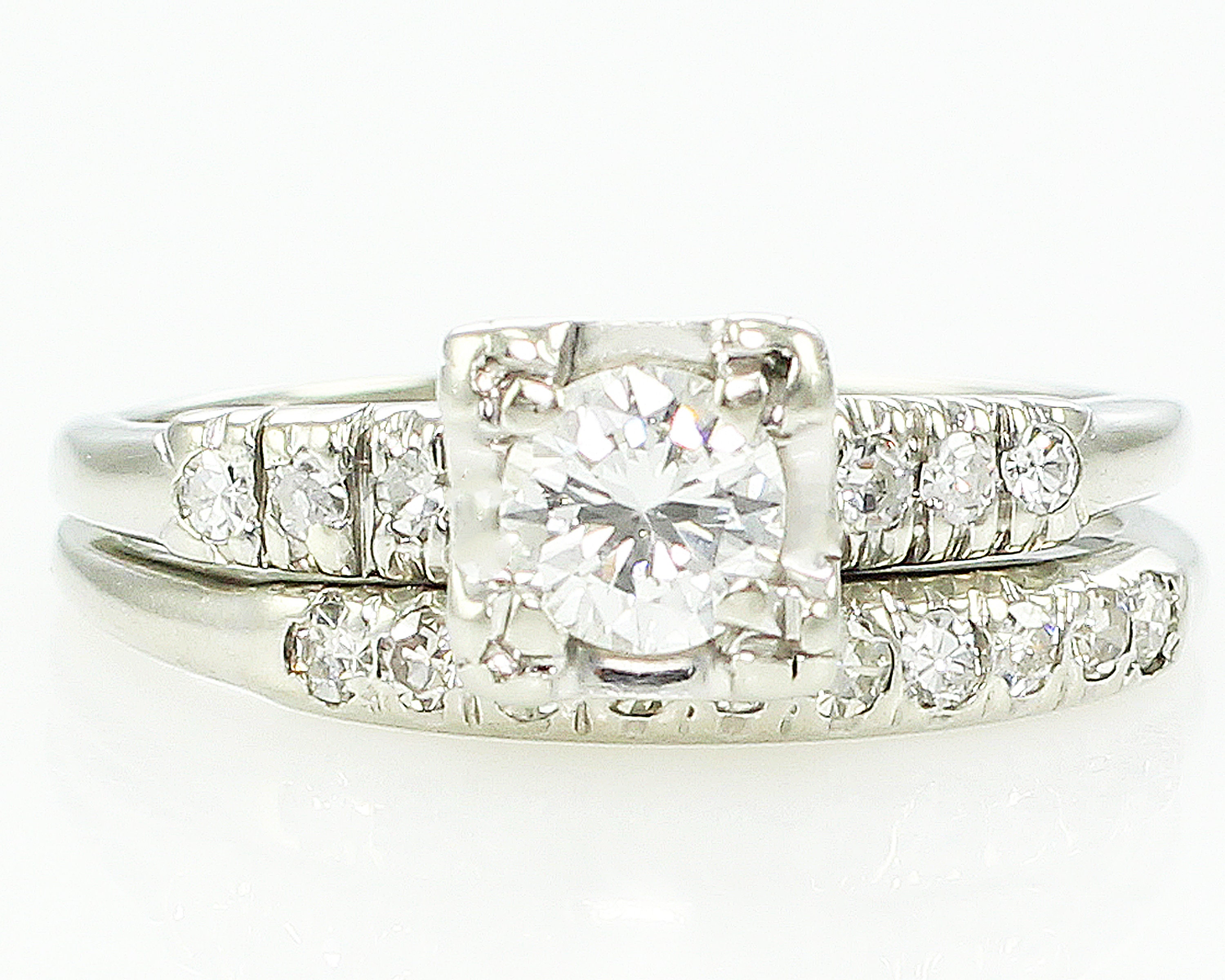 Diamond Wedding Rings - Vintage .45 CT TW 14K White Gold Engagement Band  Bridal Set - c1950 Size 6.5