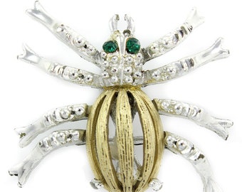 Vintage Rhinestone Spider Brooch, Silver and Gold Tone Spider Pin with Green Rhinestone Eyes, 1970s Two Tone Spider Brooch, Vintage Jewelry