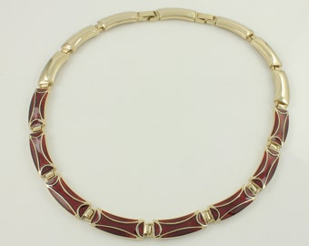 Vintage Monet Gold Tone Deep Red Enamel Collar, 1980s Gold Tone Burgundy Enamel Collar Necklace, 1980s Extendable Collar, Vintage Jewelry