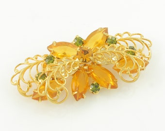 Vintage Green Golden Rhinestone Spray Brooch, Vintage Yellow Marquise Rhinestone Gold Tone Brooch, Gold Rhinestone Pin, Vintage Jewelry