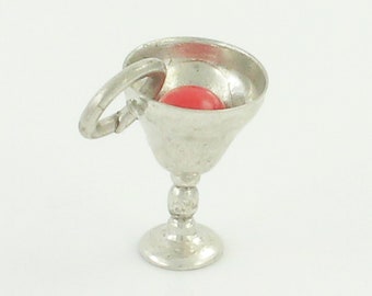 Vintage Cocktail Glass Charm - Manhattan with Cherry or Martini 925 Sterling Silver Charm Pendant - 1940s Vintage Jewelry