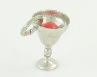 Vintage Sterling Cocktail Charm, Vintage Cocktail Charm, Manhattan with Cherry 925 Sterling Silver Charm Pendant, 1940s Vintage Jewelry