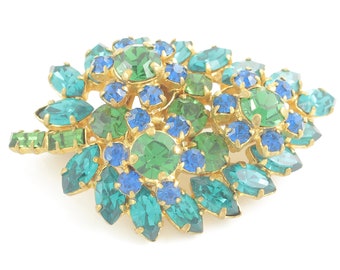 Beautiful Flower Leaf Rhinestone Brooch - Capri Blue Emerald Green Peridot Green Pin - Tiered Construction - c1950 - Vintage Costume Jewelry