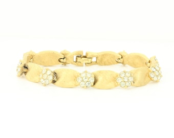 Vintage Crown Trifari April Birth Month Bracelet Original Box, Trifari Brushed Gold Tone Clear Rhinestone Ribbon Bracelet, Vintage Jewelry
