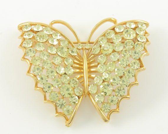 Vintage Pale Yellow Rhinestone Butterfly Brooch, … - image 1
