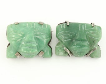 Pair of Vintage Carved Mexican Green Onyx Aztec Mask Brooches, Pre-Eagle Mark Green Calcite Mask Sterling Silver Pins Mexico,Vintage Jewelry