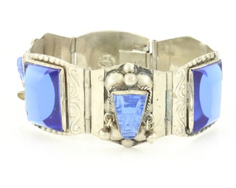 Vintage Mexican Sterling Carved Blue Glass Panel Bracelet, Mexican Silver Mayan Mask Bracelet, Pre-Eagle Mark Taxco Silver, Vintage Jewelry