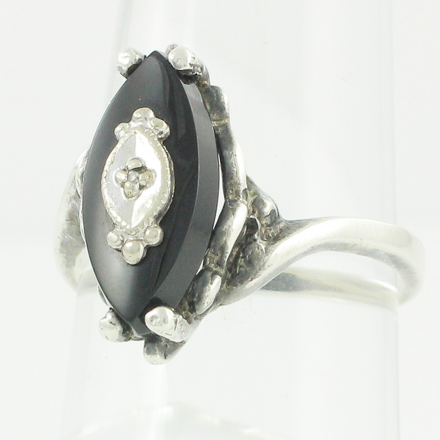 Silver Onyx Ring - Vintage Sterling Marquise Black Onyx and Diamond