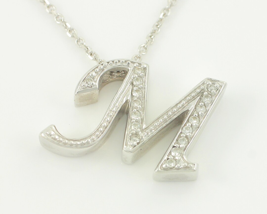 Vintage 14K White Gold Diamond M Initial Pendant Necklace Etsy
