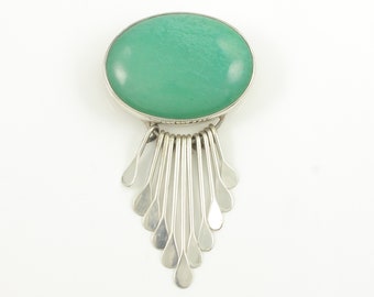 Vintage Mexican Silver Amazonite Brooch, Vintage Sterling Silver Brooch Pendant Mexico, 925 Mexico Amazonite Fringe Pin, Vintage Jewelry