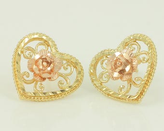 Vintage 14K Rose and Yellow Gold Flower Heart Earrings, 14K Rose Flower Filigree Heart Stud Earrings, 14K Heart Earrings, Vintage Jewelry