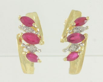 Vintage 14K Lab Created Ruby Diamond J Hoop Earrings, 14K Marquise Ruby Diamond Drop Earrings, July Birthstone Earrings, Vintage Jewelry