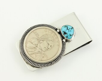 Vintage Sterling Turquoise Sacagawea Dollar Money Clip, 2000 Sacagawea Coin Sterling Silver Turquoise Money Clip, Vintage Silver Money Clip