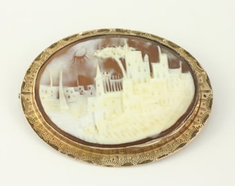 Vintage Landscape Cameo Brooch, Vintage Carved Shell Sailboat Cameo Pin, 1930s Rolled Gold Filled Carved Shell Cameo Brooch ,Vintage Jewelry