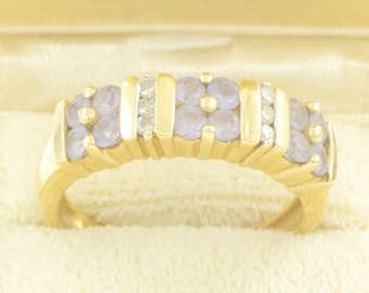 Vintage Tanzanite Diamond Double Row Band 14K Yellow Gold - 1 CT Tanzanite .12 CT Diamond Statement Ring - Size 7.25 4.5 gr - Estate Jewelry