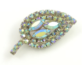 Vintage Aurora Borealis Rhinestone Leaf Brooch, Dimensional Blue Green AB Rhinestone Pin, Pastel Aurora Borealis Leaf Pin, Vintage Jewelry