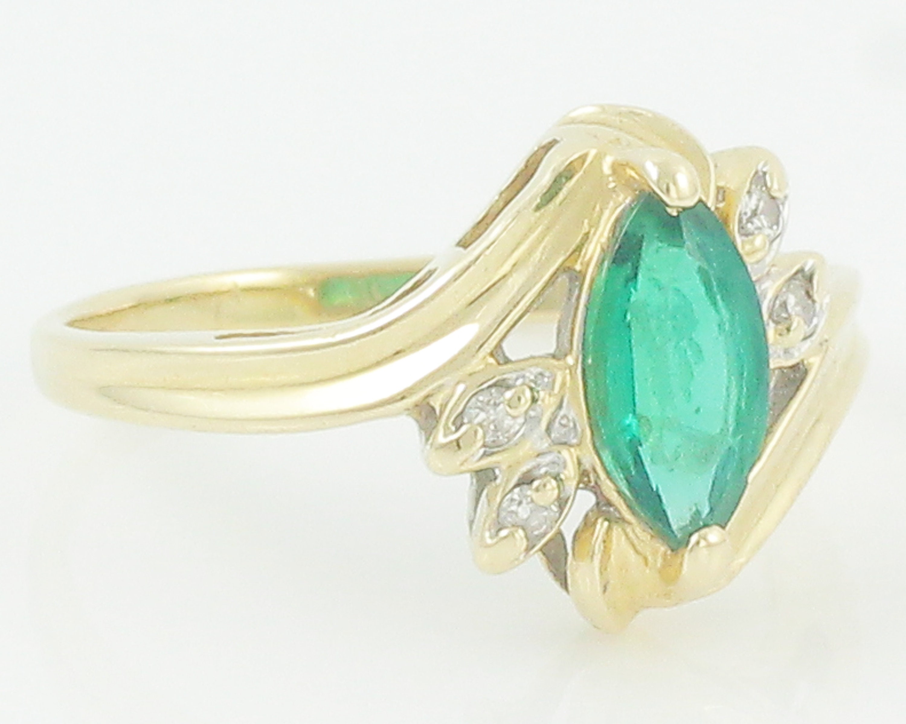14K Marquise Created Green Spinel Diamond Ring Vintage 14K Yellow