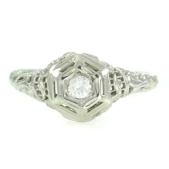 Vintage Engagement Ring, Vintage Art Deco 14K Whi… - image 2
