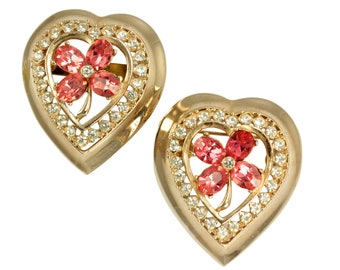 Vintage Pair Pink Rhinestone Four Leaf Clover Heart Pins, Vintage Anthony Rhinestone Heart Brooches, Lucky in Love Brooches, Vintage Jewelry