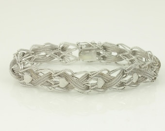 Vintage Sterling Mesh Heart Charm Bracelet, Chunky 7" 925 Silver Bracelet Box Clasp, Vintage 1960s Silver Charm Bracelet, Vintage Jewelry