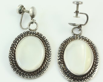 Vintage Navajo Mother of Pearl Sterling Earrings, George B. Clark Mother of Pearl Silver Dangle Earrings, Native American Vintage Jewelry
