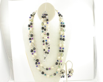 Vendome Parure of Long Beaded Necklace Three Strand Bracelet Comma Earrings - Black Gray Crystal Rhinestones Faux Pearls - Vintage Jewelry
