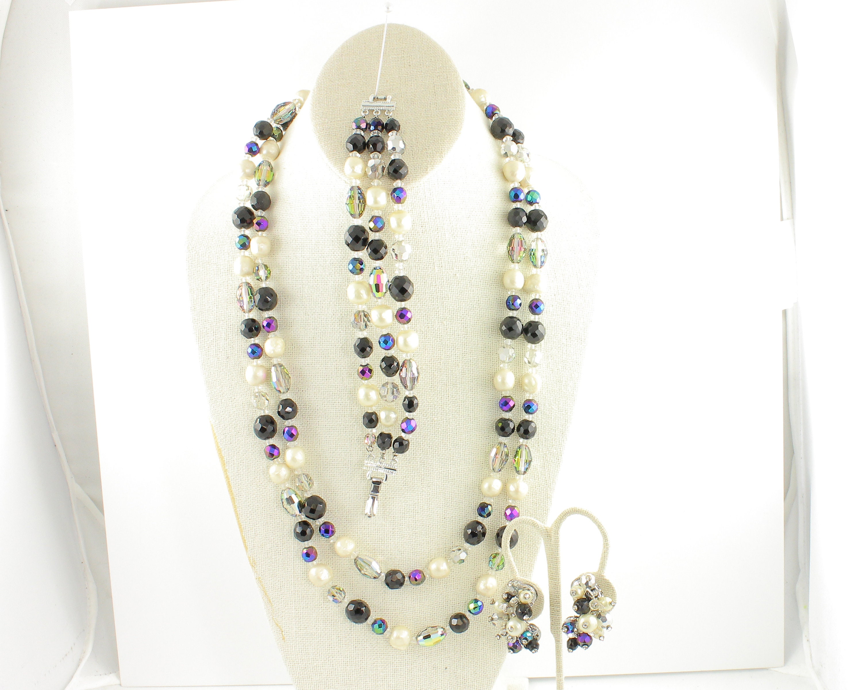 Vendome Parure of Long Beaded Necklace Three Strand Bracelet Comma Earrings  - Black Gray Crystal Rhinestones Faux Pearls - Vintage Jewelry