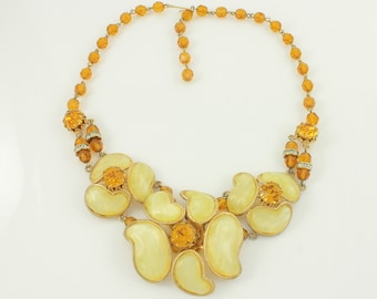 1960s Statement Floral Necklace of Golden Rhinestones Yellow Plastic, Vintage Yellow Paisley Glass Bead Flower Bib Necklace, Vintage Jewelry