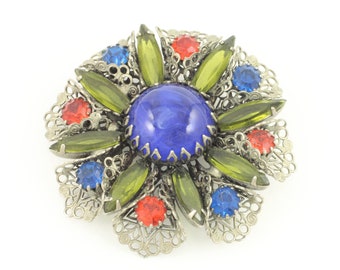 Vintage Filigree Rhinestone Brooch, Vintage Stamped Silver Tone Rhinestone Pin, Green Blue Orange Rhinestone Filigree Pin, Vintage Jewelry