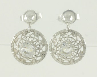 Dainty Vintage 10K White Gold Filigree Paste Dangle Earrings, Edwardian Style 10K White Gold Drop Earrings Clear Glass, Vintage Jewelry