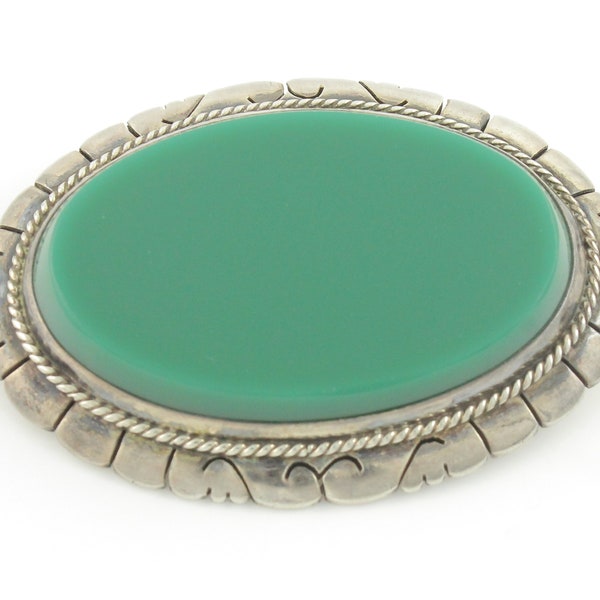 Vintage Mexican Silver Green Chalcedony Brooch, Vintage Sterling Silver Oval Green Agate Pin, Pre Eagle Mexico Sterling Pin, Vintage Jewelry