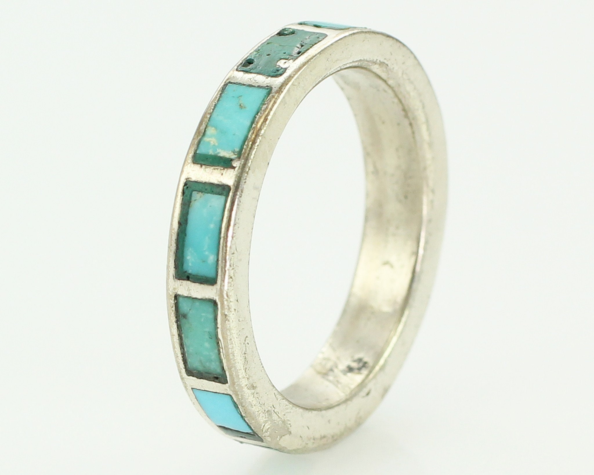 Vintage Turquoise Inlaid Sterling Silver Wedding Band Ring Size 6.75 New Old Stock Bell