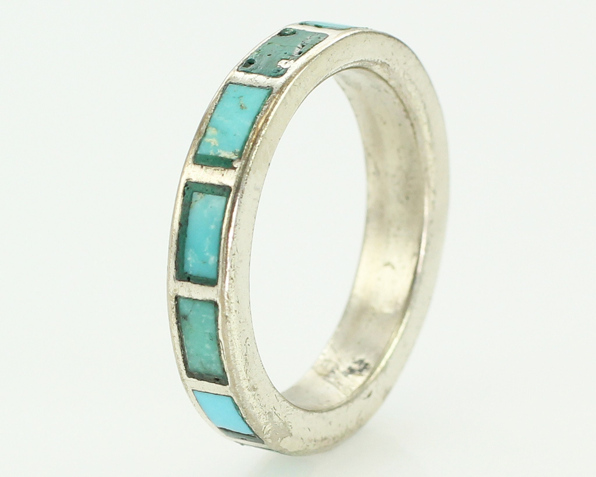 Vintage Turquoise Inlaid Sterling Silver Wedding Band Ring