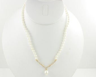 Vintage 14K Freshwater Pearl Diamond V Necklace, 14K Yellow Gold .50 CT Diamond Pearl Necklace, Pearl Statement Necklace, Vintage Jewelry