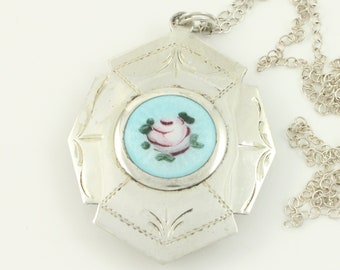 Vintage Sterling Silver Enamel Rose Locket Necklace, Large Guilloche Enamel Sterling Locket Necklace, 1940s Enamel Locket, Vintage Jewelry