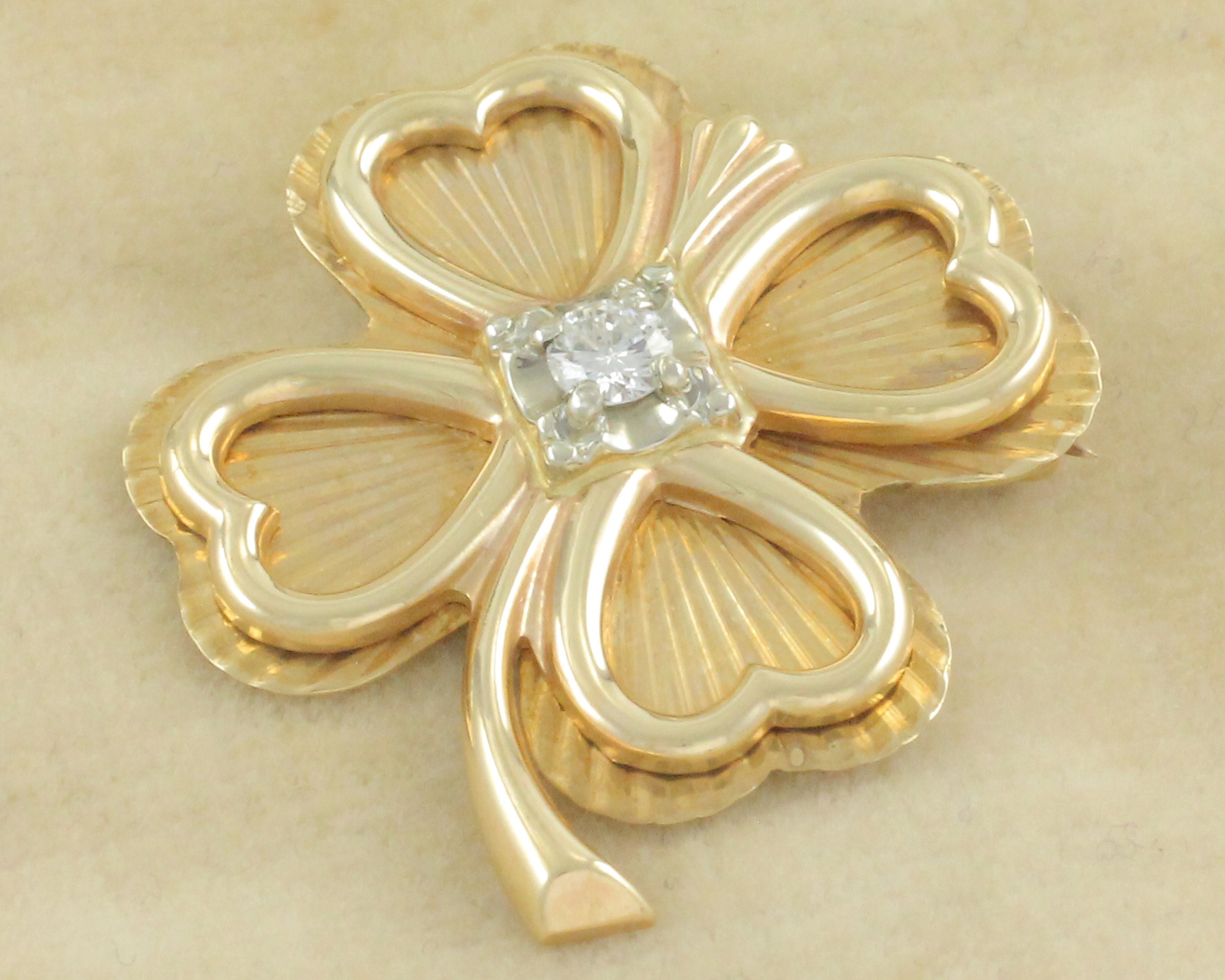 Vintage 14K Gold Diamond Four Leaf Clover Brooch - Yellow Gold Lucky Love  Heart Pin - circa 1960 7.3 grams - Vintage Fine Jewelry